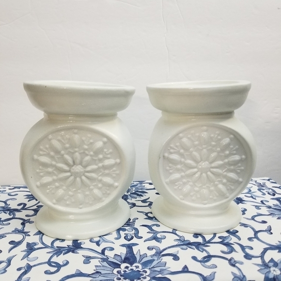 Vintage 1972 Mexican Ceramic White Candle Holders, 7 inches - Picture 2 of 7